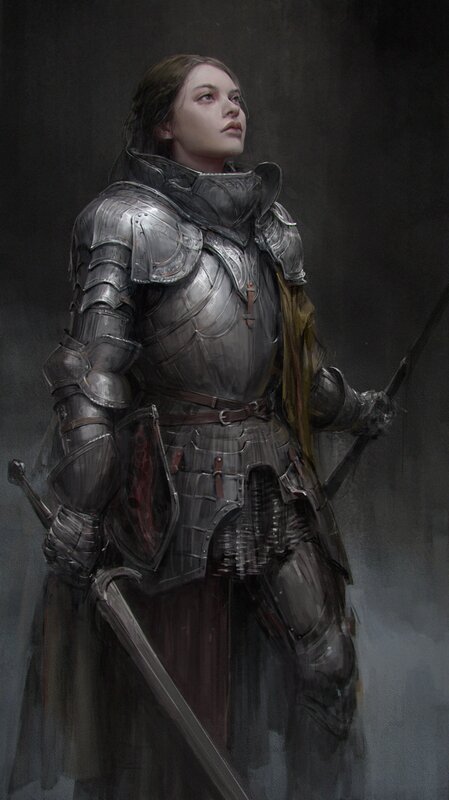 Female Knight in Armor — Gray, Dramatic, Digital Art, Sword, Shield