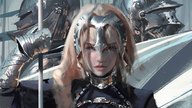 Female Knight in Armor — Gray, Dramatic, Digital Art, Sword