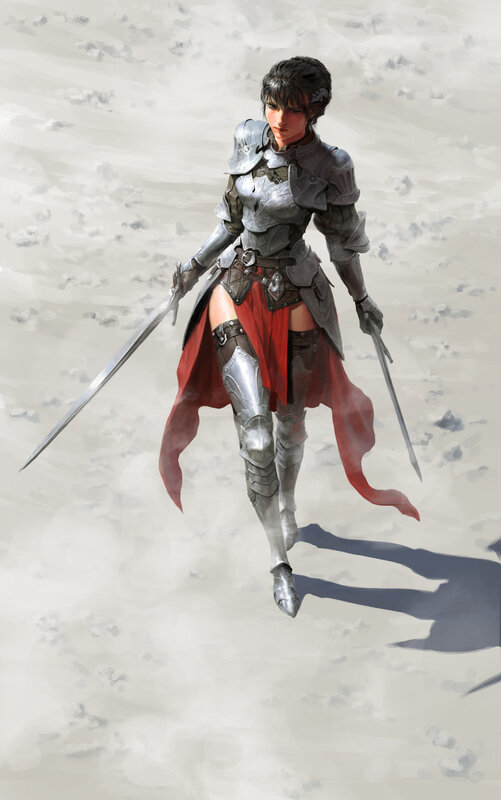 Female Knight in Armor — Gray, Dramatic, Digital Art, Swords