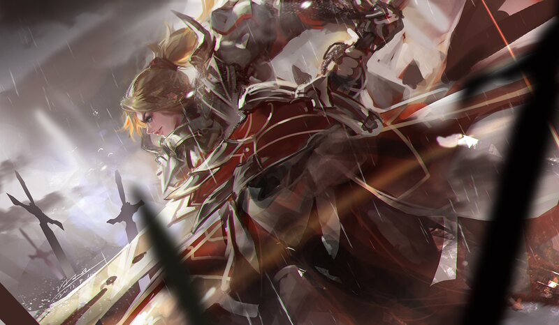 Female Knight in Armor — Red, Dramatic, Digital Art, Sword