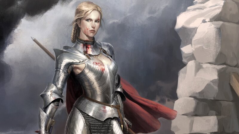 Female Knight in Armor — Silver, Dramatic, Digital Art, Blood