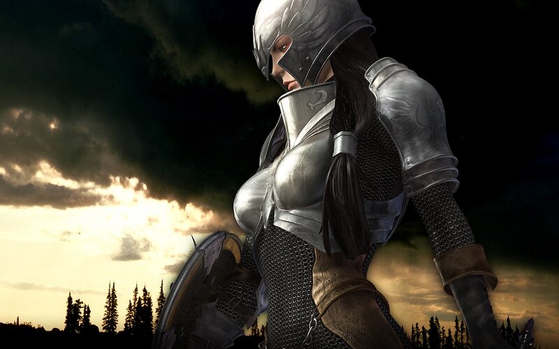 Female Knight in Armor — Silver, Dramatic, Sunset, Digital Art, Shield