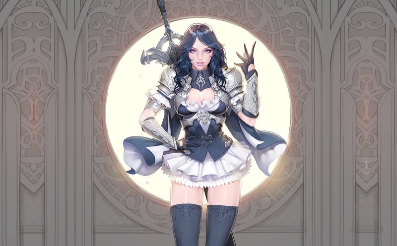 Female Knight in Armor — White, Dramatic, Digital Art, Sword