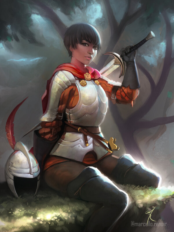Female Knight in Armor — White, Dramatic, Night