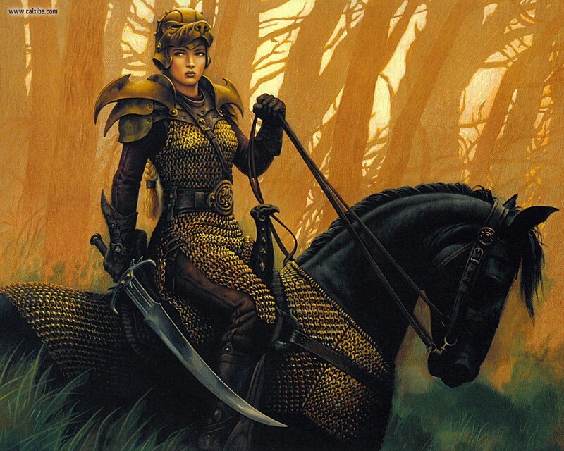 female knight on a black horse