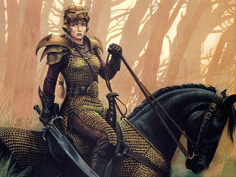 female knight on a black horse