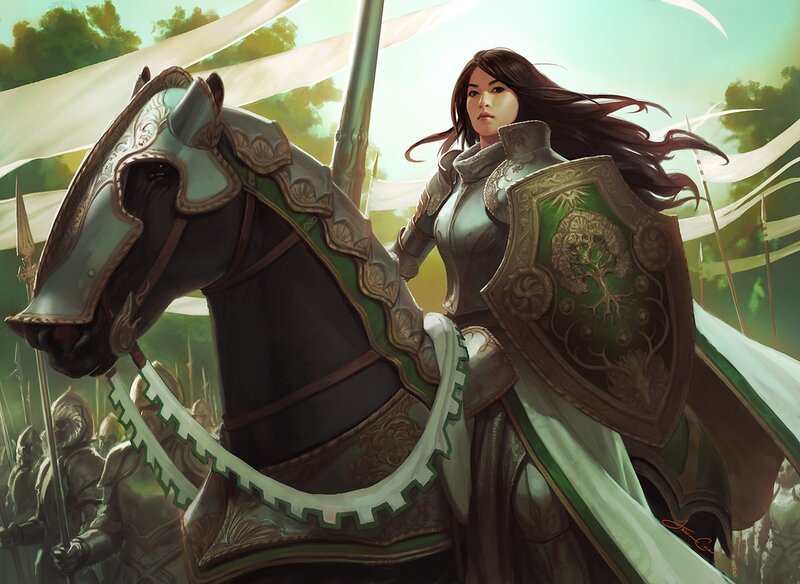female knight on a warhorse