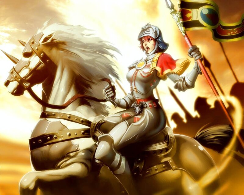 female knight on a white horse