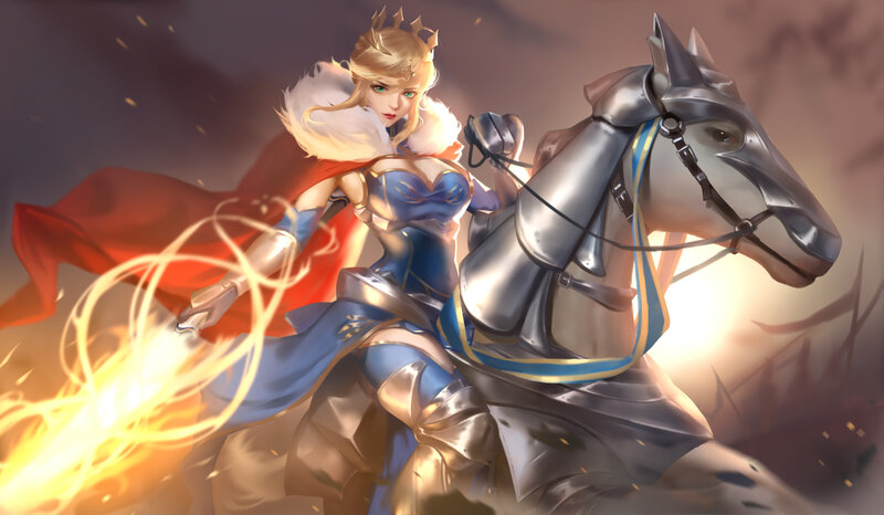 Female Knight on Horse — Blue, Dramatic