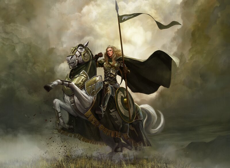 Female Knight on Horse — Green, Dramatic, Digital Art, Shield, Flag