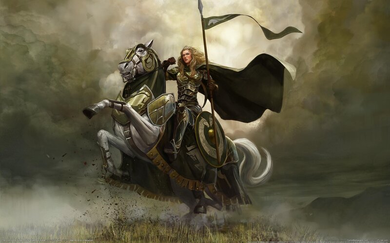 Female Knight on Horse — Green, Dramatic, Digital Art, Shield