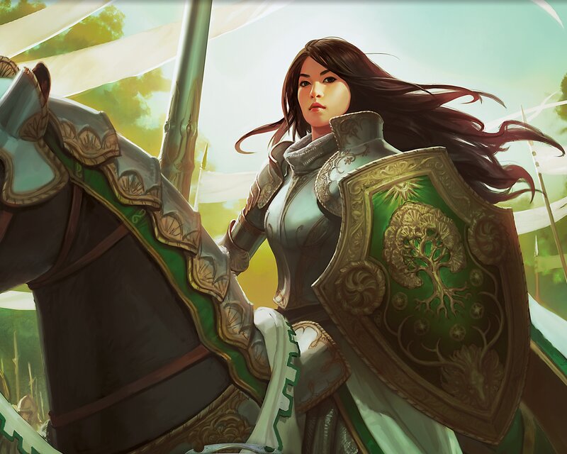 Female Knight on Horse — Green, Dramatic