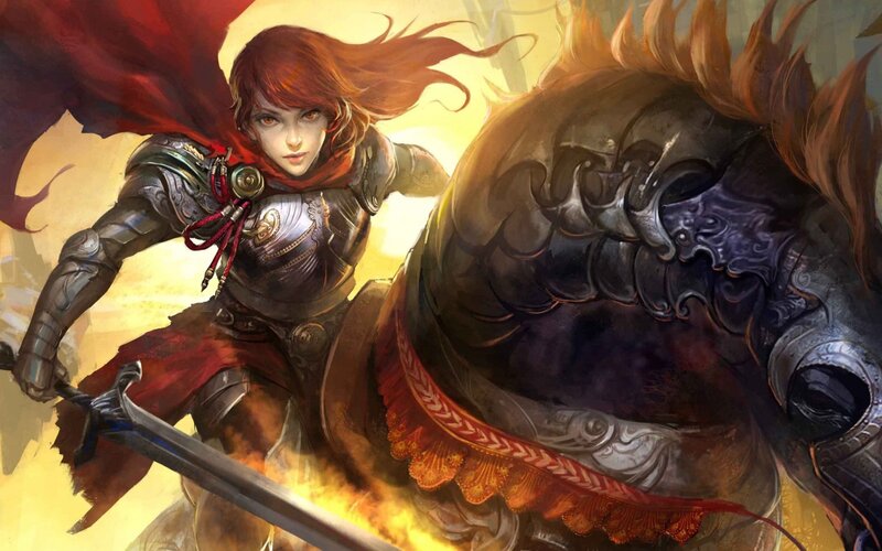 Female Knight on Horse — Red, Dramatic