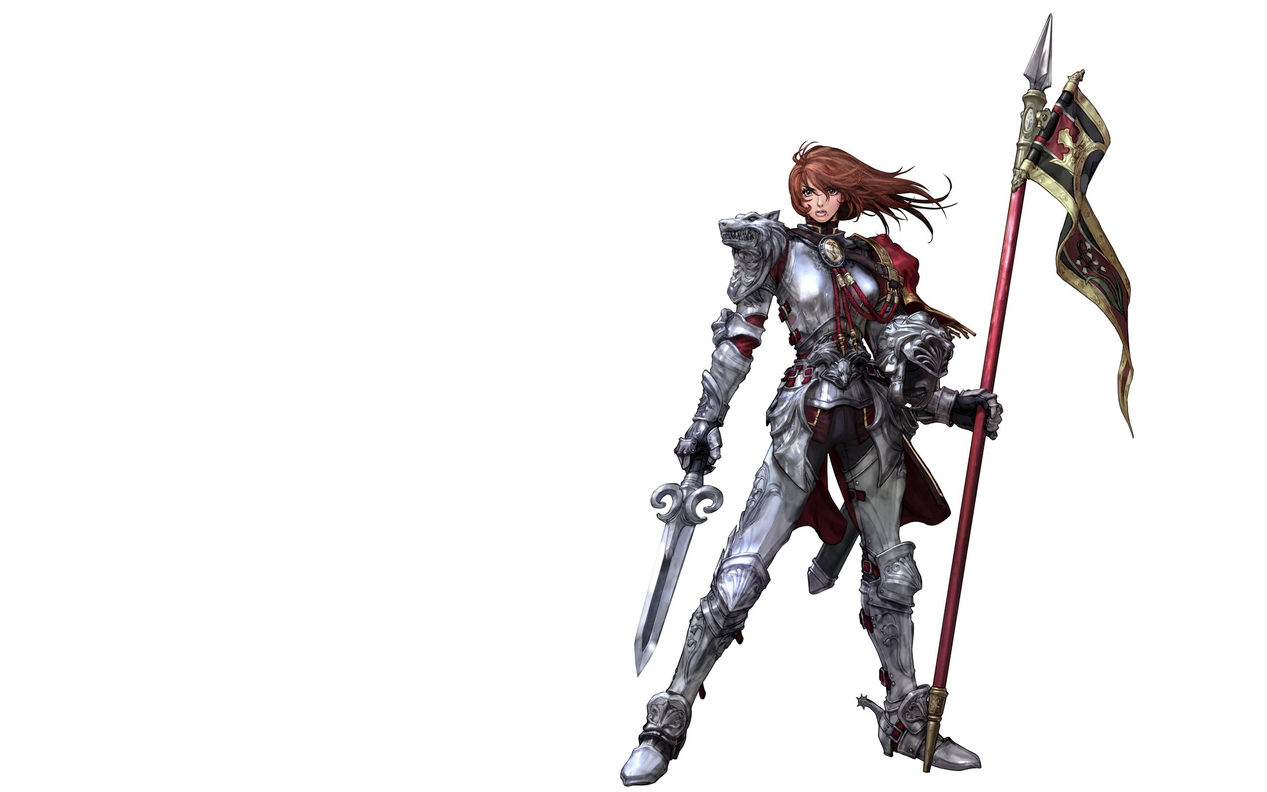 female knight with lance and sword