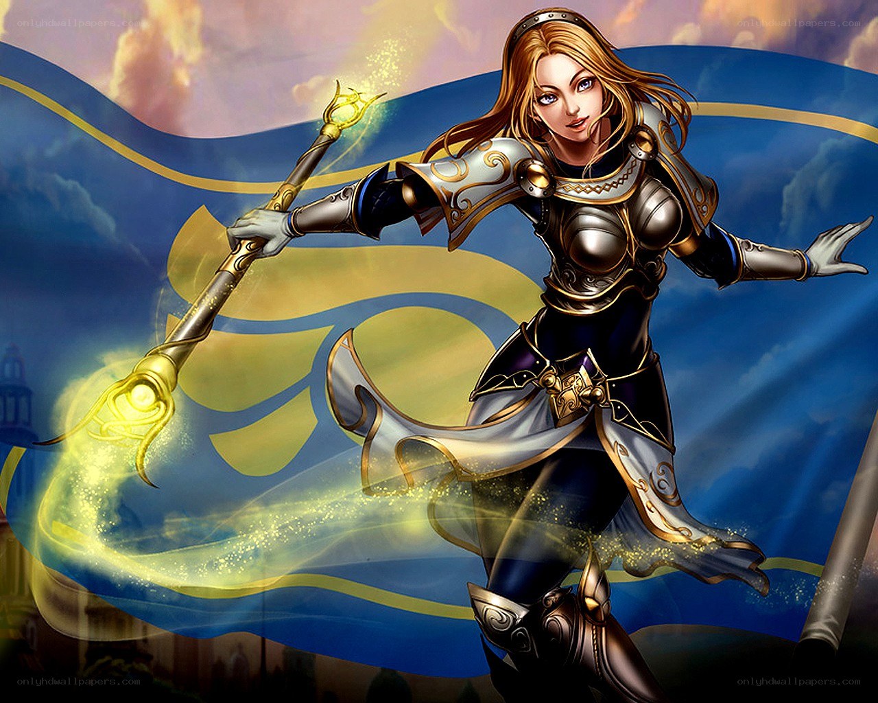 female knight with magic staff