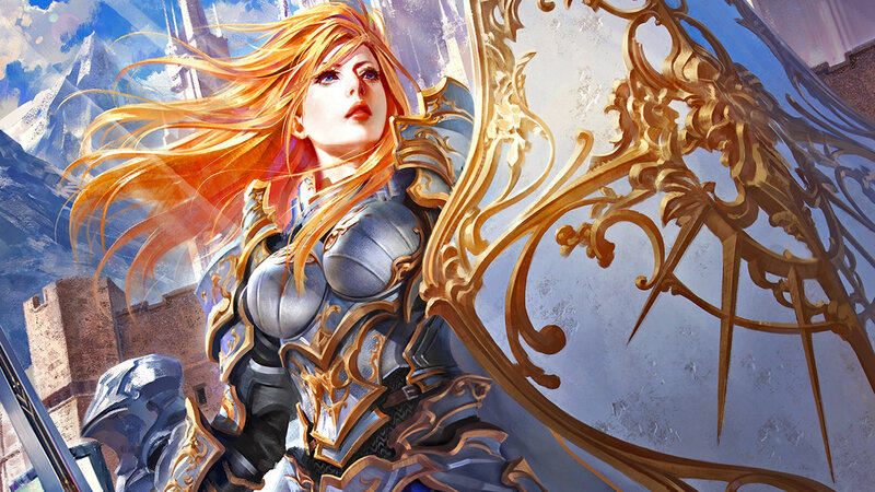 Female Knight with Shield — Gold, Dramatic