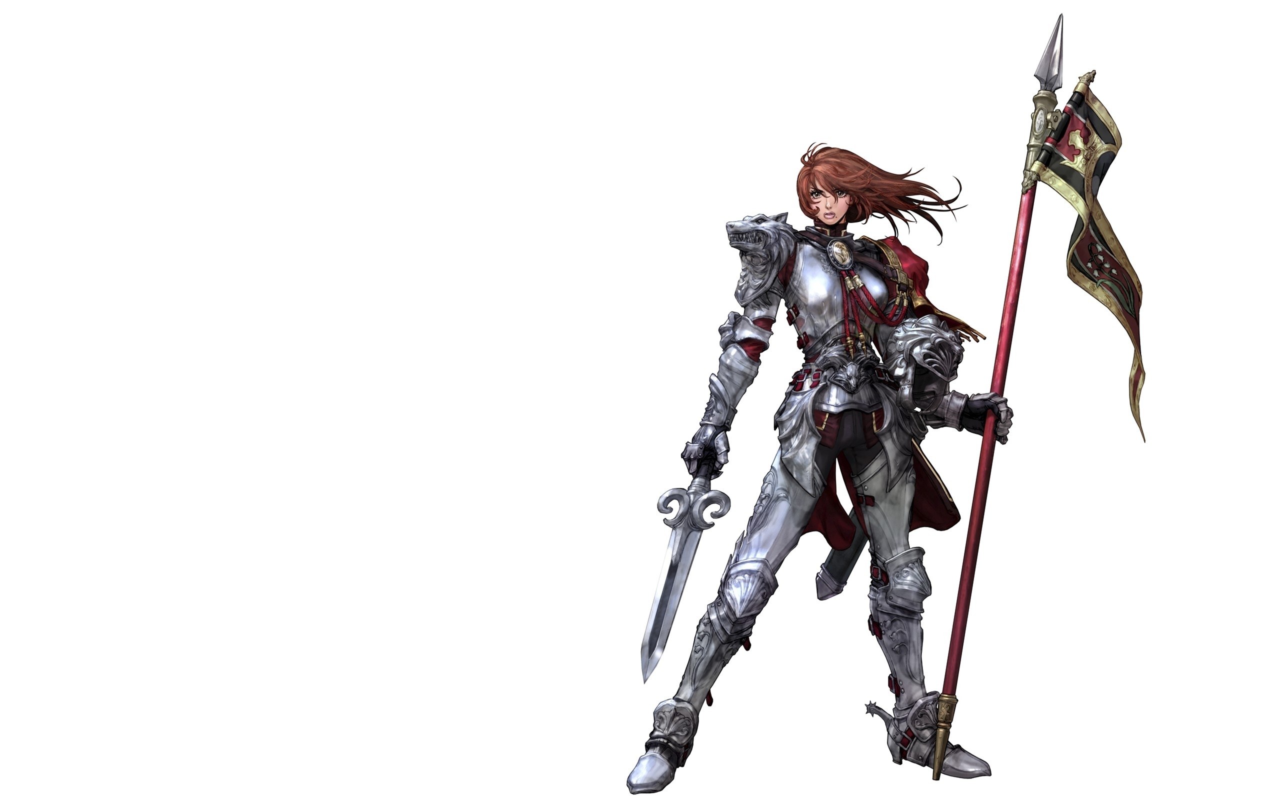 female knight with sword and banner