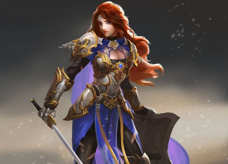 Female Knight with Sword — Blue, Dramatic, Digital Art, Armor