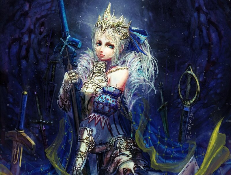 Female Knight with Sword — Blue, Dramatic, Night, Digital Art