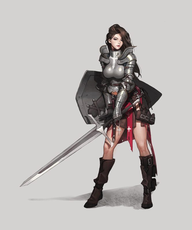 Female Knight with Sword — Gray, Dramatic, Digital Art