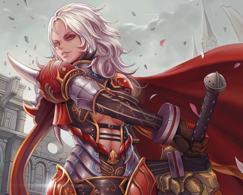 Female Knight with Sword — Red, Dramatic, Digital Art