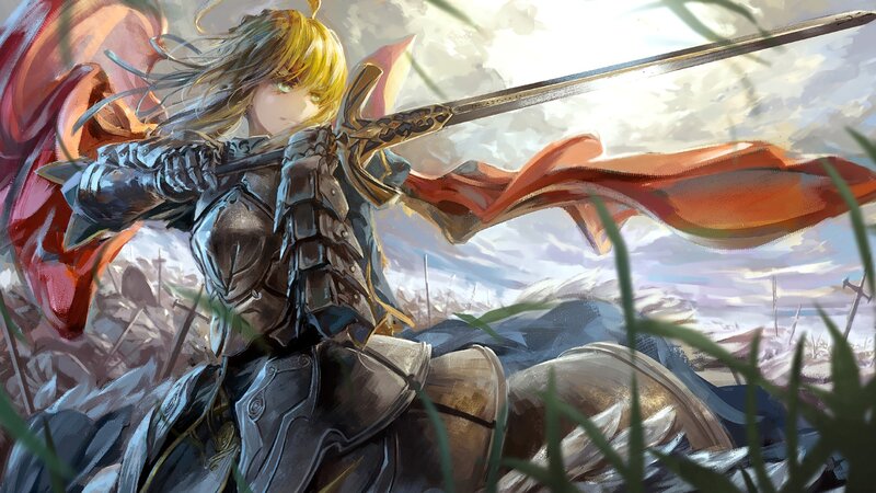 Female Knight with Sword — Red, Dramatic, Sunset
