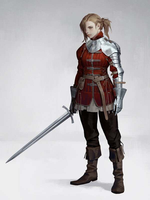 Female Knight with Sword — Red, Serious