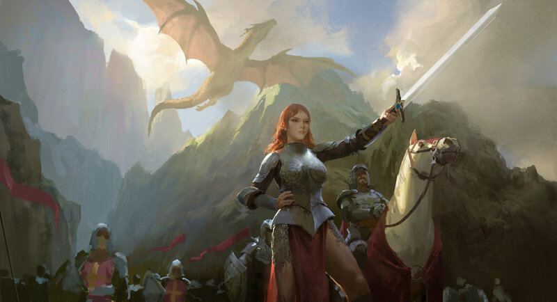Female Knight with Sword — Silver, Dramatic, Afternoon