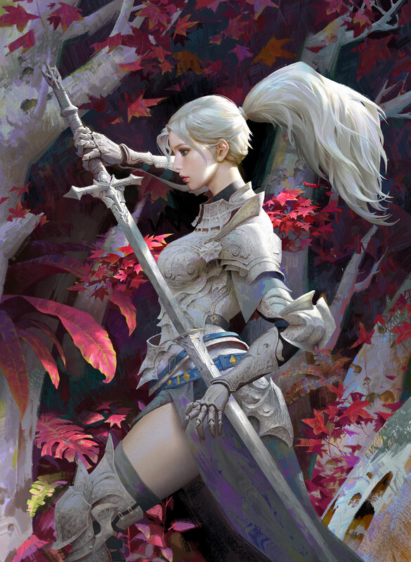 Female Knight with Sword — White, Dramatic, Autumn