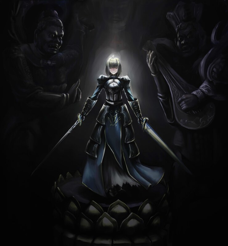 Female Knight with Swords — Black, Dramatic