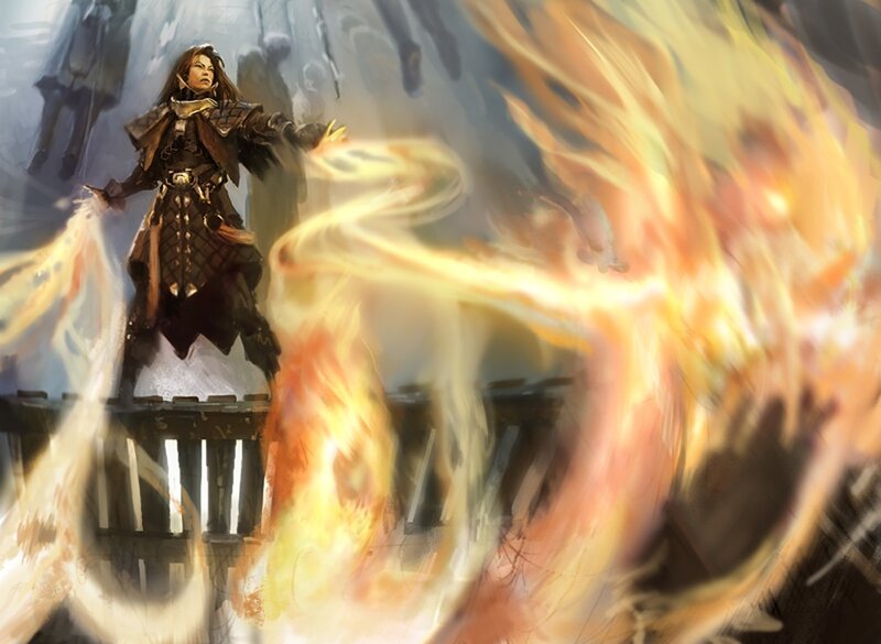 Female Mage Casting Fire — Orange, Dramatic