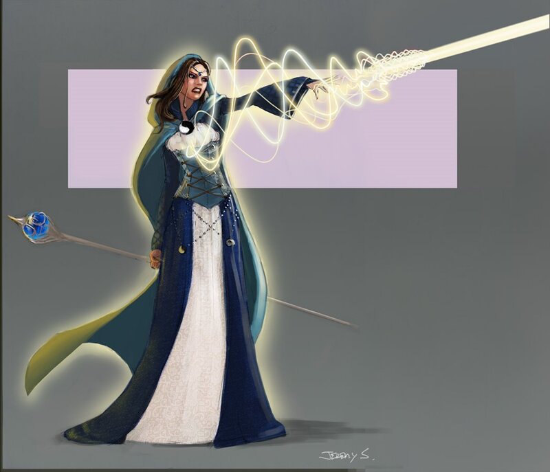 Female Mage Casting Spell — Blue, Dramatic, Digital Art, Staff, Magic