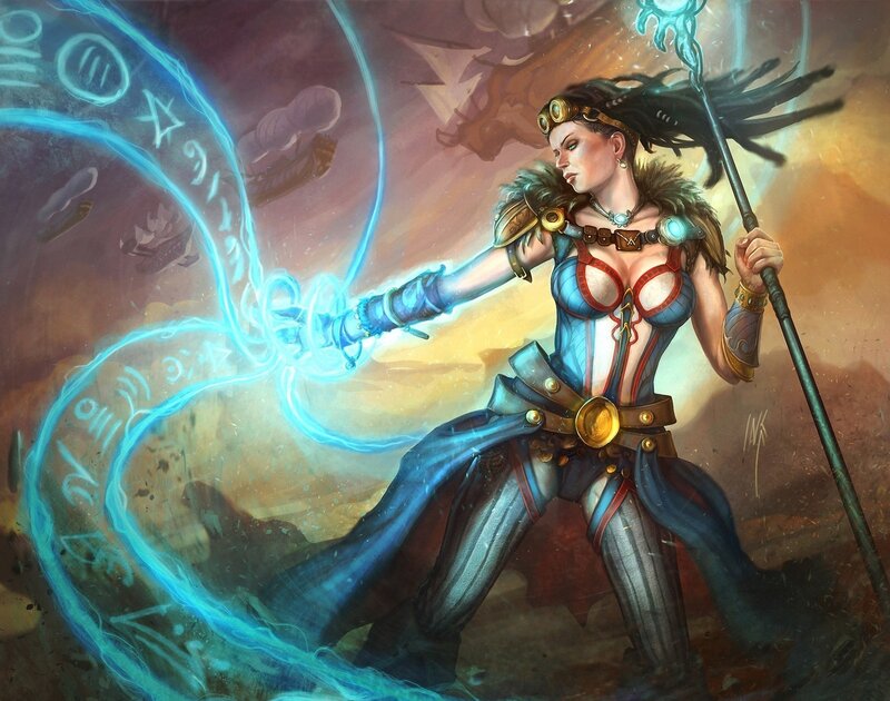 Female Mage Casting Spell — Blue, Dramatic, Digital Art, Staff
