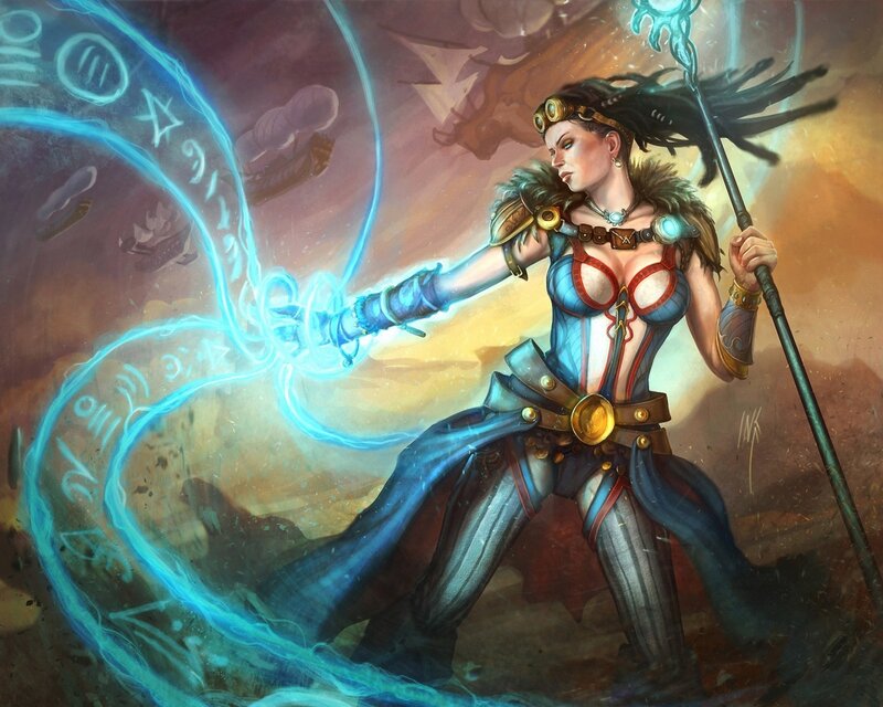 Female Mage Casting Spell — Blue, Dramatic, Digital Art