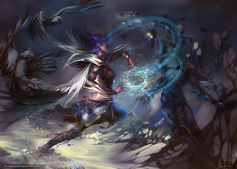 Female Mage Casting Spell — Blue, Dramatic, Night, Digital Art, Birds