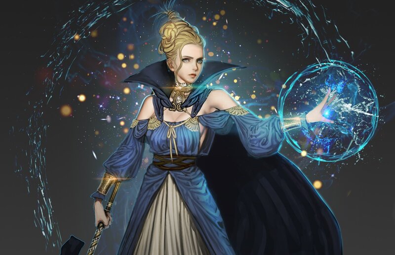 Female Mage Casting Spell — Blue, Dramatic, Night, Digital Art, Magic Sphere