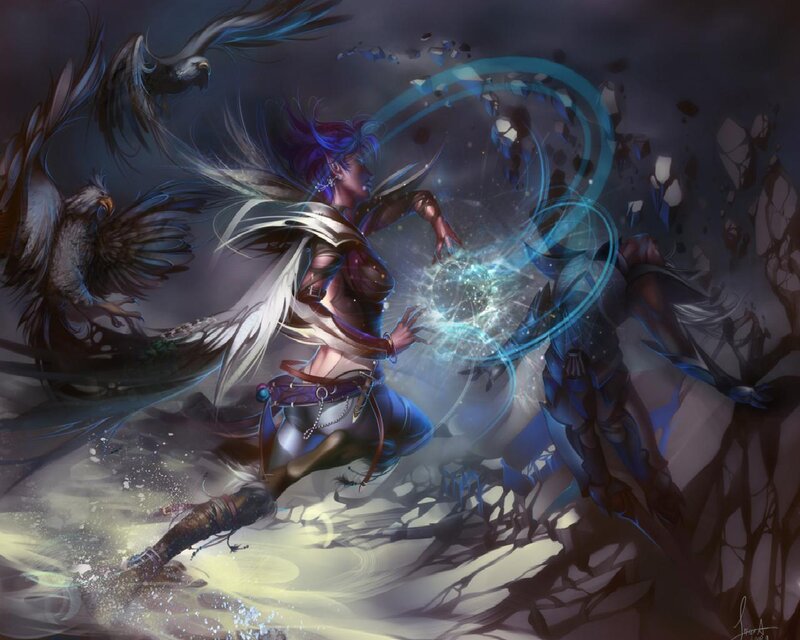 Female Mage Casting Spell — Blue, Dramatic, Night, Digital Art