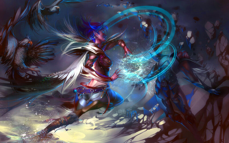 Female Mage Casting Spell — Blue, Dramatic, Night