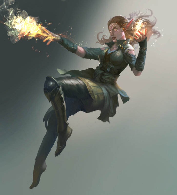 Female Mage Casting Spell — Green, Dramatic, Digital Art, Fire Magic
