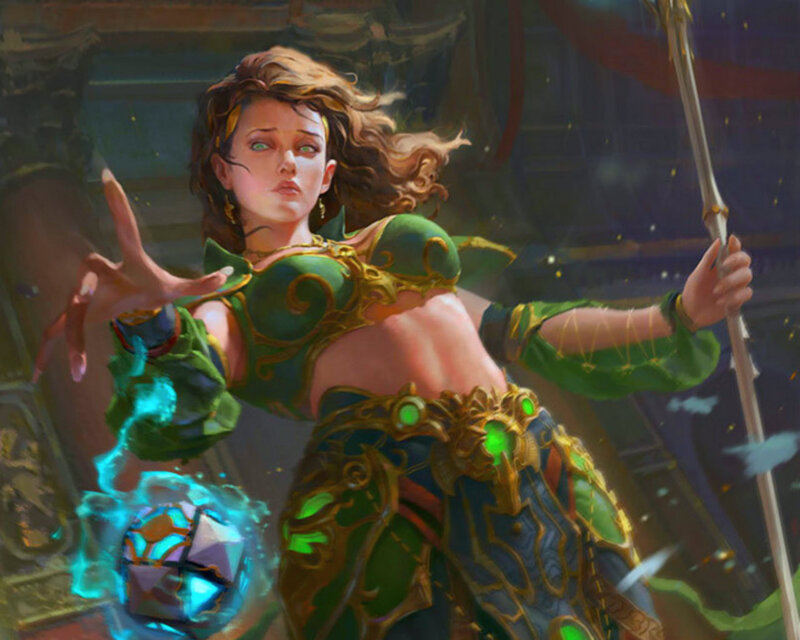 Female Mage Casting Spell — Green, Dramatic, Digital Art