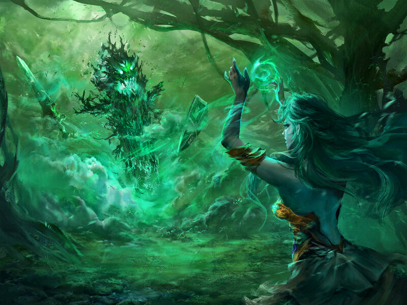 Female Mage Casting Spell — Green, Dramatic, Digital Art, Tree Monster