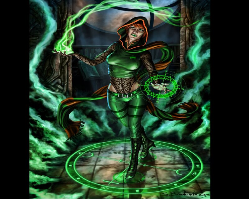 Female Mage Casting Spell — Green, Dramatic