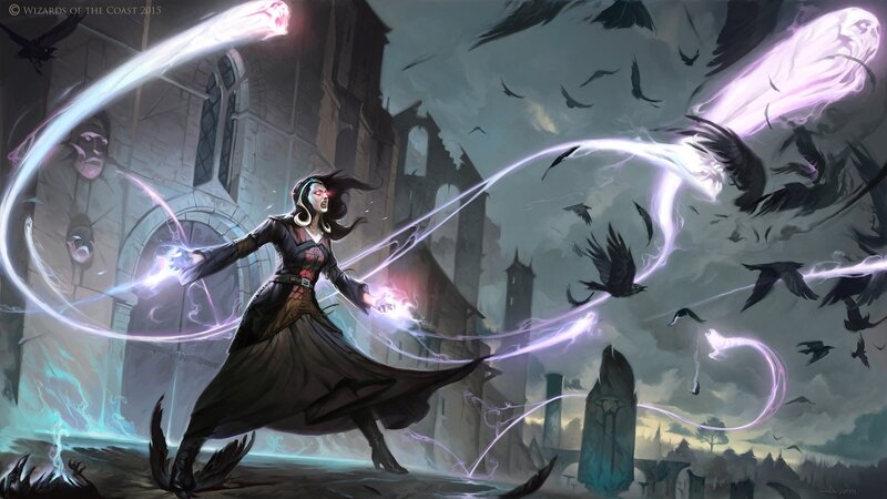 Female Mage Casting Spell — Purple, Dramatic, Night, Digital Art, Crows