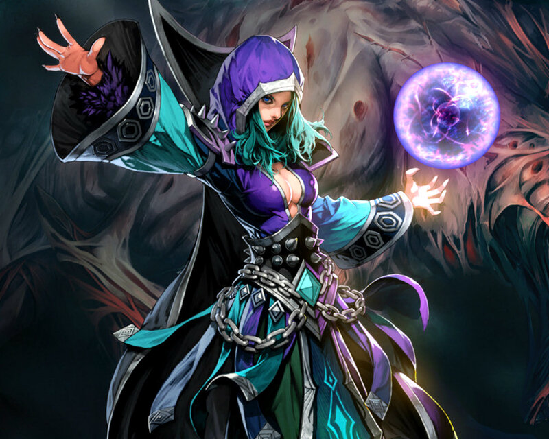 Female Mage Casting Spell — Purple, Dramatic, Night