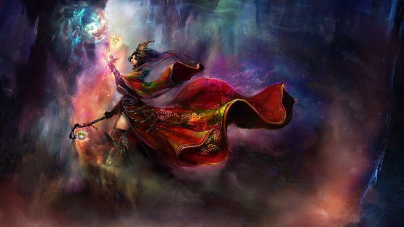 Female Mage Casting Spell — Red, Dramatic, Digital Art