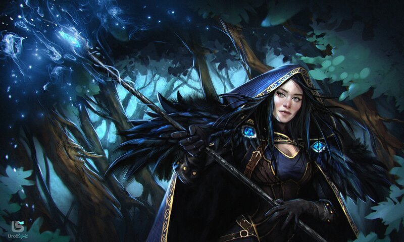 Female Mage in Forest — Black