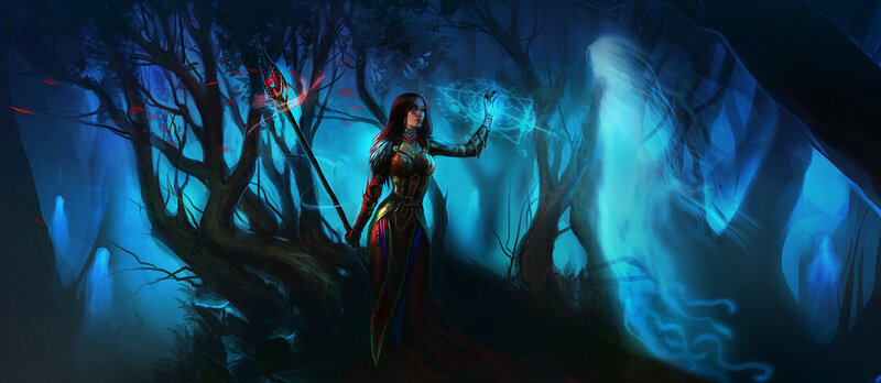 Female Mage in Forest — Blue, Mysterious
