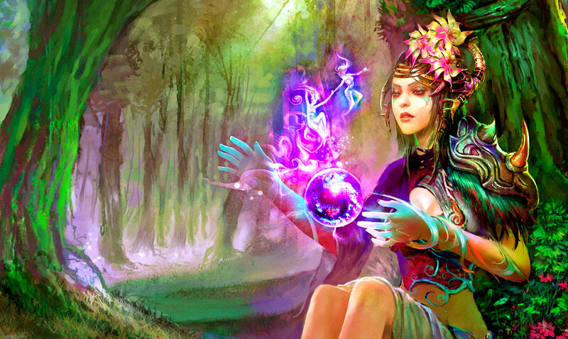 Female Mage in Forest — Green, Mystical