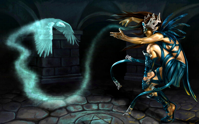 Female Mage Summoning Bird — Blue