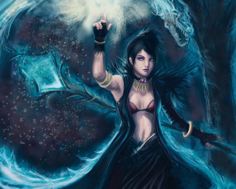 Female Mage with Blue Energy — Dramatic, Digital Art